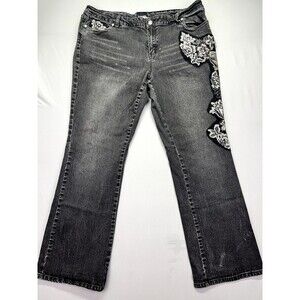 B Street 18W Floral Lace Mid Rise Rhinestone Embellished Medium‎ Wash Black Slim